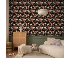 Artgeist Tapetas - Ornament with birds - silhouettes of cranes and peony flowers on a dark background