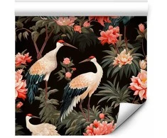 Artgeist Tapetas - Ornament with birds - silhouettes of cranes and peony flowers on a dark background