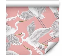 Artgeist Tapetas - Pastel birds – a delicate pattern of baltas and pilkas herons on a light pink background