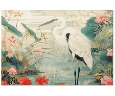 Artgeist XXL paveikslas - By an Asian pond - an illustration in the style of a Japanese engraving, depicting a heron