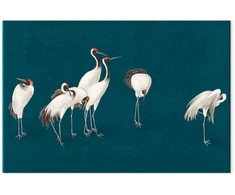 Artgeist XXL paveikslas - Evening by the pond - a group of cranes drawn in dry pastel on a dark turquoise background