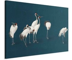 Artgeist XXL paveikslas - Evening by the pond - a group of cranes drawn in dry pastel on a dark turquoise background