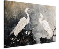 Artgeist XXL paveikslas - Herons and cherry blossoms - oriental-style illustration depicting birds