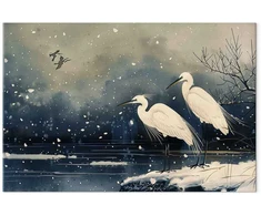 Artgeist XXL paveikslas - Herons over a winter pond - Japanese-style illustration in dark colours