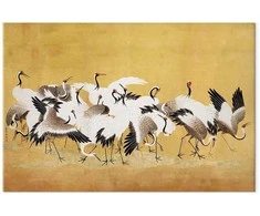 Artgeist XXL paveikslas - Japanese cranes - a flock of birds against a golden background based on a painting by Ishida Yūtei