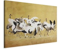 Artgeist XXL paveikslas - Japanese cranes - a flock of birds against a golden background based on a painting by Ishida Yūtei