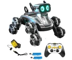 Interaktyvus šuo robotas, valdomas nuotolinio valdymo pultu ir rankų gestais, sidabrinė spalva