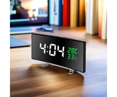 LED veidrodinis laikrodis su lenktu ekranu, temperatūros ir drėgmės rodymu