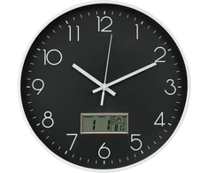 Netiksintis sieninis laikrodis su tyliu mechanizmu, LCD ekranu, su termometru ir kalendoriumi, 30 cm