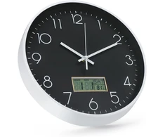 Netiksintis sieninis laikrodis su tyliu mechanizmu, LCD ekranu, su termometru ir kalendoriumi, 30 cm