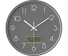 Netiksintis sieninis laikrodis su tyliu mechanizmu, LCD ekranu, su termometru ir kalendoriumi, 30 cm