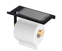 Juodas metal toilet paper &amp; cell-phone holder with bamboo stem 18x10x7,5 cm color box