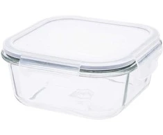 Kvadratinis sodos kalkių stiklinis maisto indas su PP dangteliu 750 ml 15,8x15,8x7 cm