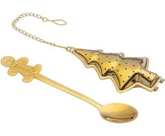 Tea set - golden infuser and golden teaspoon. dec. with a Christmas medžio/Gingerbread Man