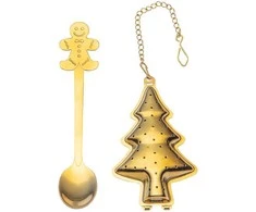 Tea set - golden infuser and golden teaspoon. dec. with a Christmas medžio/Gingerbread Man