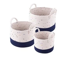 Blue Set of 3 baltas-mėlynas cotton baskets 32+28+24cm