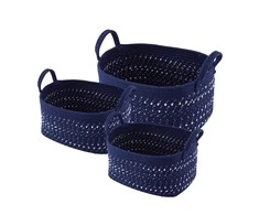 Set of 3 dark mėlynas rectangular cotton baskets 37+34+31cm