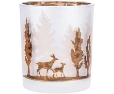 Frosted glass candle holder with auksinis-ruda interior, 9x10 cm, forest decoration