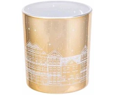 Golden glass candle holder with light interior, 9x10 cm, townhouses decoration