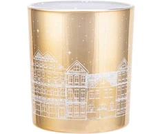 Golden glass candle holder with light interior, 9x10 cm, townhouses decoration