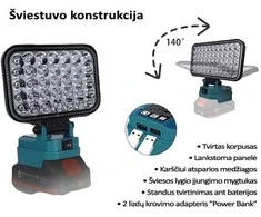 GZT LED šviestuvas Makita akumuliatoriams 18V L35 1900 Lm 15W USB2A