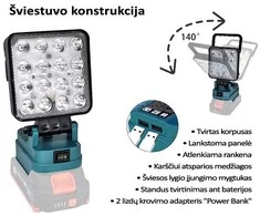 GZT LED šviestuvas Makita akumuliatoriams 18V L16 500 Lm 10W USB2A-R
