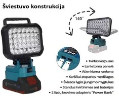 GZT LED šviestuvas Makita akumuliatoriams 18V L35 2200 Lm 16W USB2A-R