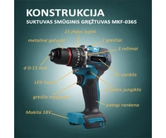 Suktuvas smūginis gręžtuvas Makita 18V akumuliatoriams MKF-0365