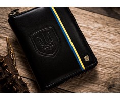 Vyriška odinė piniginė su Ukrainos emblema ir spalvomis. Petersonas