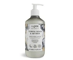 „I Love Naturals Collection“ veganiškas drėkinamasis ir minkštinamasis tonka pupelių ir miros losjonas rankoms ir kūnui, 500 ml