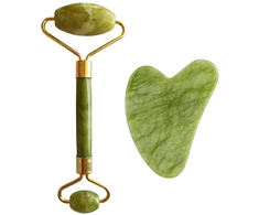 Palsar 7 Masažo volelis ir plokštelė Guasha žalias xiuyan žadeitas ("Light Žalias Xiuyan Jade Roller" - Gua Sha rinkinys)