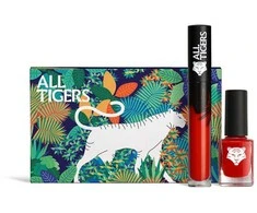 „Set All Tigers“: natūralūs ir veganiški skysti lūpų dažai „888 Call Me Queen“, 8 ml + natūralūs ir veganiški „Nagu lakas“ „298 Hit It Big“, 11 ml