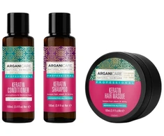 Set Arganicare: Keratin Hair Conditioner maitininantis &amp; Strengthening, 100 ml + Keratin Hair Šampūnas Repairing &amp; maitininantis, 100 ml + Keratin Hair Treatment Kreminis Mask maitininantis &amp; Repairing, 100 ml