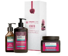 Set Arganicare: Keratin Hair Šampūnas Repairing &amp; maitininantis, 400 ml + Keratin Hair Treatment Kreminis Mask maitininantis &amp; Repairing, 500 ml + Keratin Hair Serum maitininantis &amp; Strengthening, 100 ml