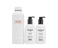 Set Balmain Professionnel: Balmain Professionnel Argan Oil Hair šampūnas drėkinamasis, 300 ml + Balmain Professionnel plaukų kondicionierius drėkinamajam, 300 ml + Muse Du Printemps GWP plieno vandens butelis baltas