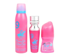 Rinkinys „Beverly Hills Polo Club“: „No. 9“ kvepalai moterims, 50 ml + „No. 9“ rutulinis antiperspirantas dezodorantas moterims, 50 ml + „1982 - Sport 9 Freshness“ kūno purškiklis, 150 ml
