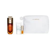 Set Clarins: Double Anti-Ageing Serum For Face, 50 ml + Cryo-Flash Firming &amp; Radiance Kreminis Mask For Face, 15 ml + Lip Confort Lip Oil 01 1.4 ml *Miniature + Clarins Zippered GWP Textile Pouch Baltas