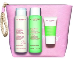 Set Clarins: šveičiamasis šveitiklis Pure Exfoliating Scrub, 15 ml + valomasis pienelis veidui Velourse Anti-Pollution Cleansing Milk, 200 ml + valomasis tonikas be alkoholio veidui Purifying Alcohol-Free Purifying Tonikas Lotion, 200 ml