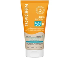 „Topicrem Sun Protect“ drėkinamosios ir apsauginės putos veidui ir kūnui prieš buvimą saulėje SPF 50, 50 ml