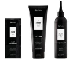 Unamy System Liss Set Kemon: Start Hair Šampūnas, 20 ml + Liss Kreminis Hair Treatment Kreminis Mask, 250 ml + Liss Neutralizer Hair Treatment Lotion Mask, 250 ml