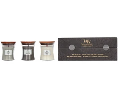 WoodWick Aromatinių žvakių rinkinys (Fireside, White Teak, Sand &amp; Driftwood), 3 x 85 g