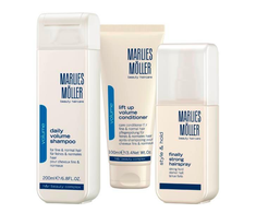 Kalėdinis rinkinys Marlies Moller: Pakeliamasis plaukų apimčiai kondicionierius, 100 ml + „Finally Strong“ plaukų lakas stipriai fiksuojamam formavimui, 125 ml + „Daily Volume“ plaukų šampūnas, 200 ml