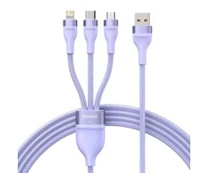 3in1 USB laidas Baseus Flash Series II, USB-C + mikro USB + Lightning, 66 W, 1.2 m (violetinė)