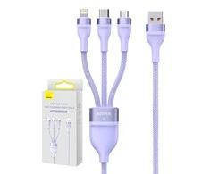 Baseus Flash Series 3 su 1-ben USB kabeliu, USB-C + mikro USB + Lightning, 100 W, 1.2 m (lila)