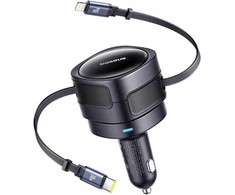 Baseus Enjoyment Max automobilinis įkroviklis with USB-C+Lightning cables 60W juodos spalvos
