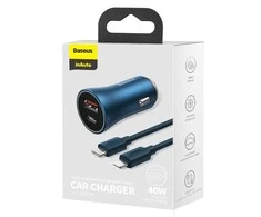 Automobilinis įkroviklis Baseus Golden Contactor Pro, USB + USB-C, QC4.0 +, PD, SCP, 40W (mėlynas) + USB-C - žaibo laidas 1m (mėlynas)