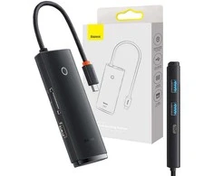 „Baseus Lite“ serijos šakotuvas 6w1 USB-C iki 2x USB 3.0 + USB-C + HDMI + SD/TF (juodas)