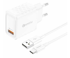 Foneng EU54 USB-A, 3A tinklo įkroviklis (baltas) + USB-A į USB-C laidas