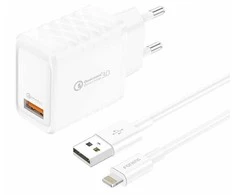 Foneng EU54 USB-A, 3A maitinimo įkroviklis (baltas) + USB-A iki Lightning kabelis