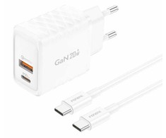 Foneng EU56 1xUSB-A, 1xUSB-C, 20W maitinimo įkroviklis (baltas) + USB-C laidas